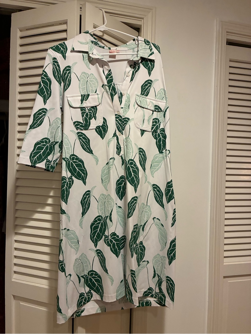Long Sleeve White Dress with Green Leaf Print - Brand